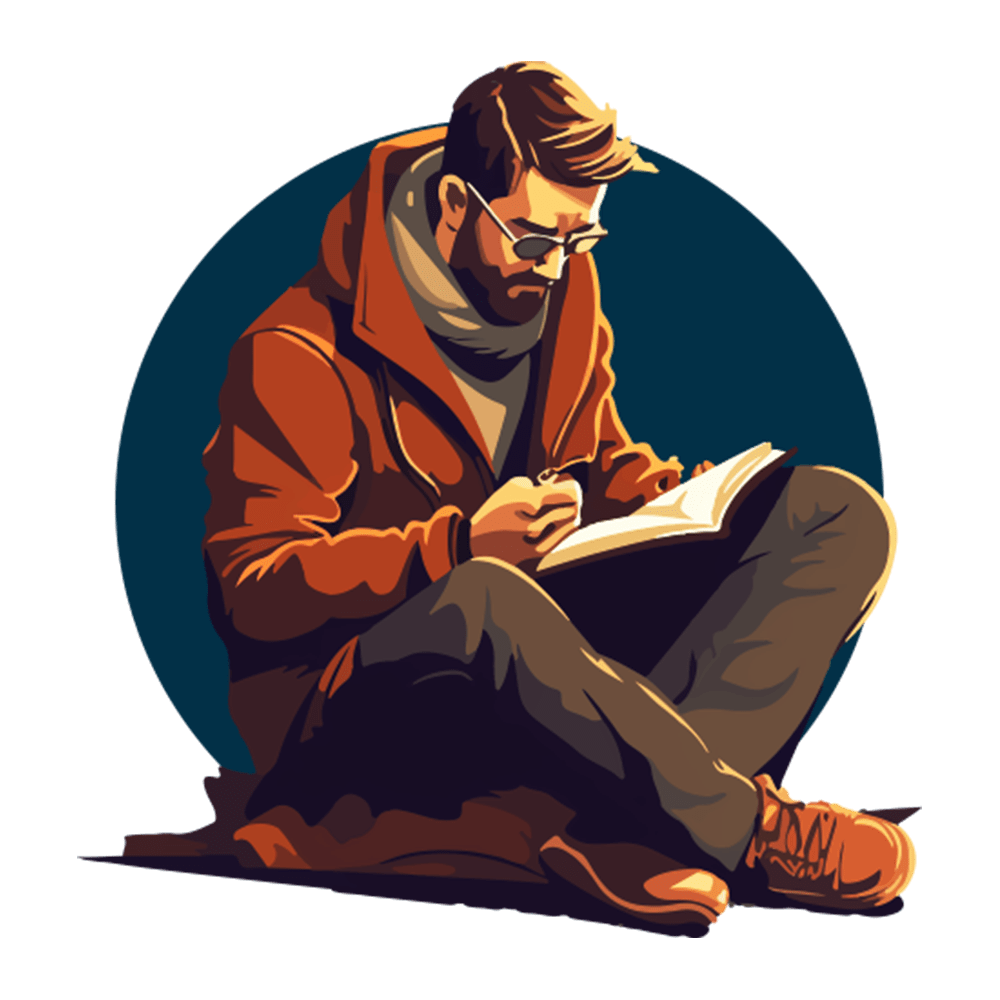 A bearded man wearing glasses sits on the ground, engrossed in writing.
